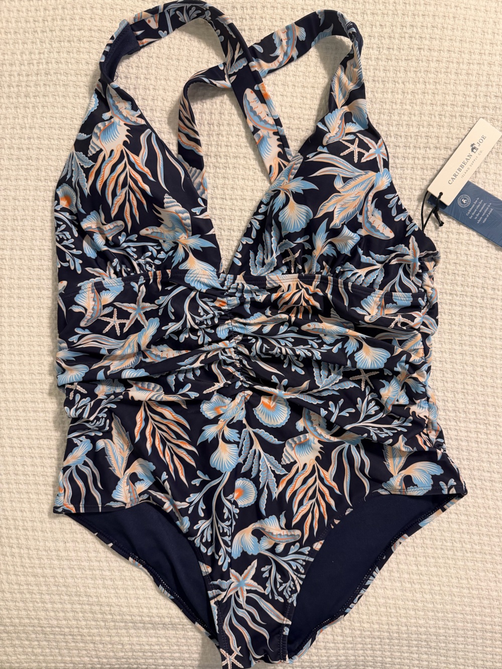 Caribbean Joe Navy Floral One-Piece Swimsuit Blue & Peach Accents women’s XL